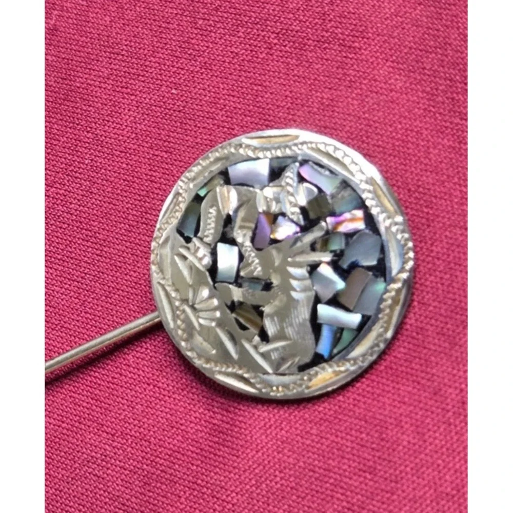 Vintage Abalone Inlay Stick Pin Sterling Silver 925 Long Brooch Clasp GC01 3G